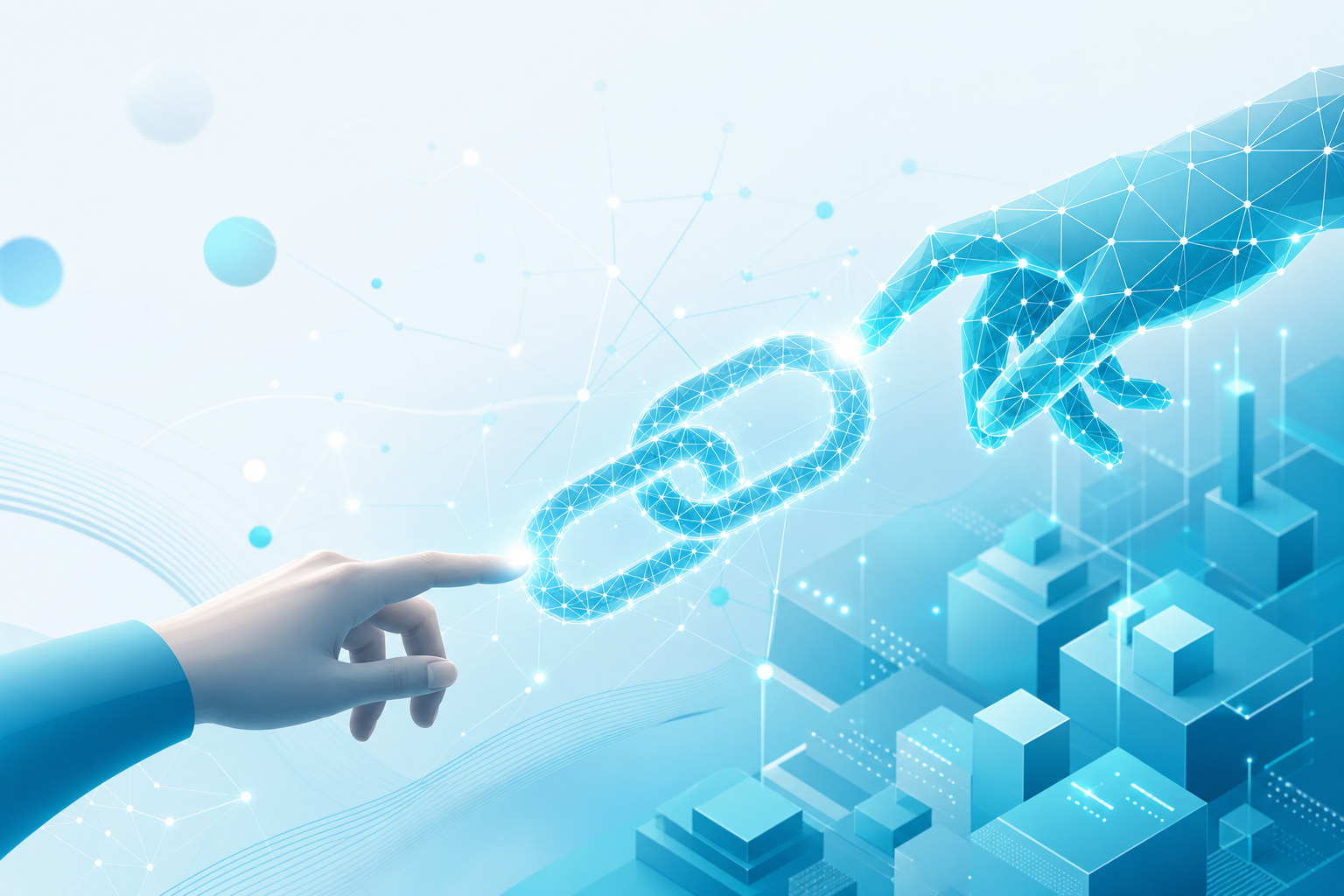 Abstract illustration of meLink AI — connected neural nodes and intelligent links in brand teal tones
