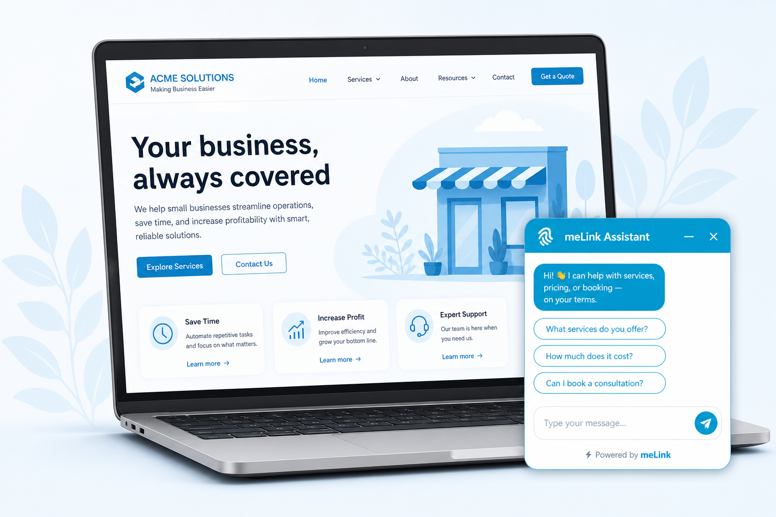 Customer website with the meLink AI assistant chat widget - respectful, on-brand help for services, pricing, and booking