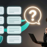 Abstract aqua-tech illustration of an AI assistant asking a thoughtful question before routing a business conversation.