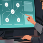 Illustration of a human operator reviewing an abstract AI website assistant workflow with aqua interface cards.