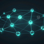 Abstract aqua network showing routed AI agents, approval and privacy signals for a meLink AI news article.