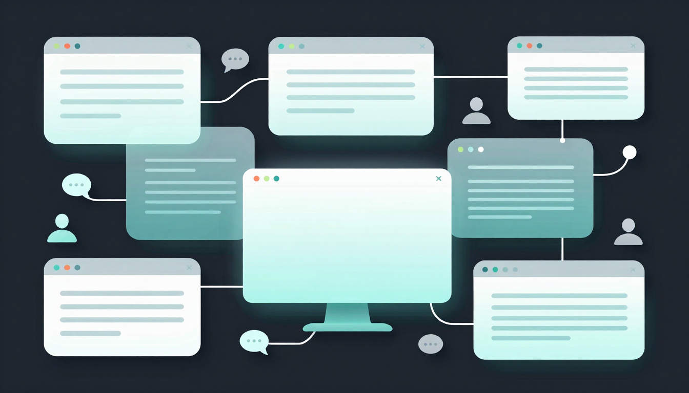 Abstract aqua editorial graphic showing connected AI search and conversation cards.