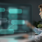 Abstract aqua workflow cards beside a human operator, representing privacy-first AI exception handling.