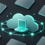 Abstract aqua editorial graphic showing local and cloud AI infrastructure