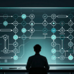 Abstract aqua workflow board showing safe AI boundaries, approvals, privacy, and human-first automation.